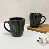 Green Stripped Embossed Ceramic Coffee Mug Set Of 2 Pieces - 350ml Each | Studio Pottery Ceramic Mugs For Coffee, Tea, Milk - Microwave Safe & Leak Proof